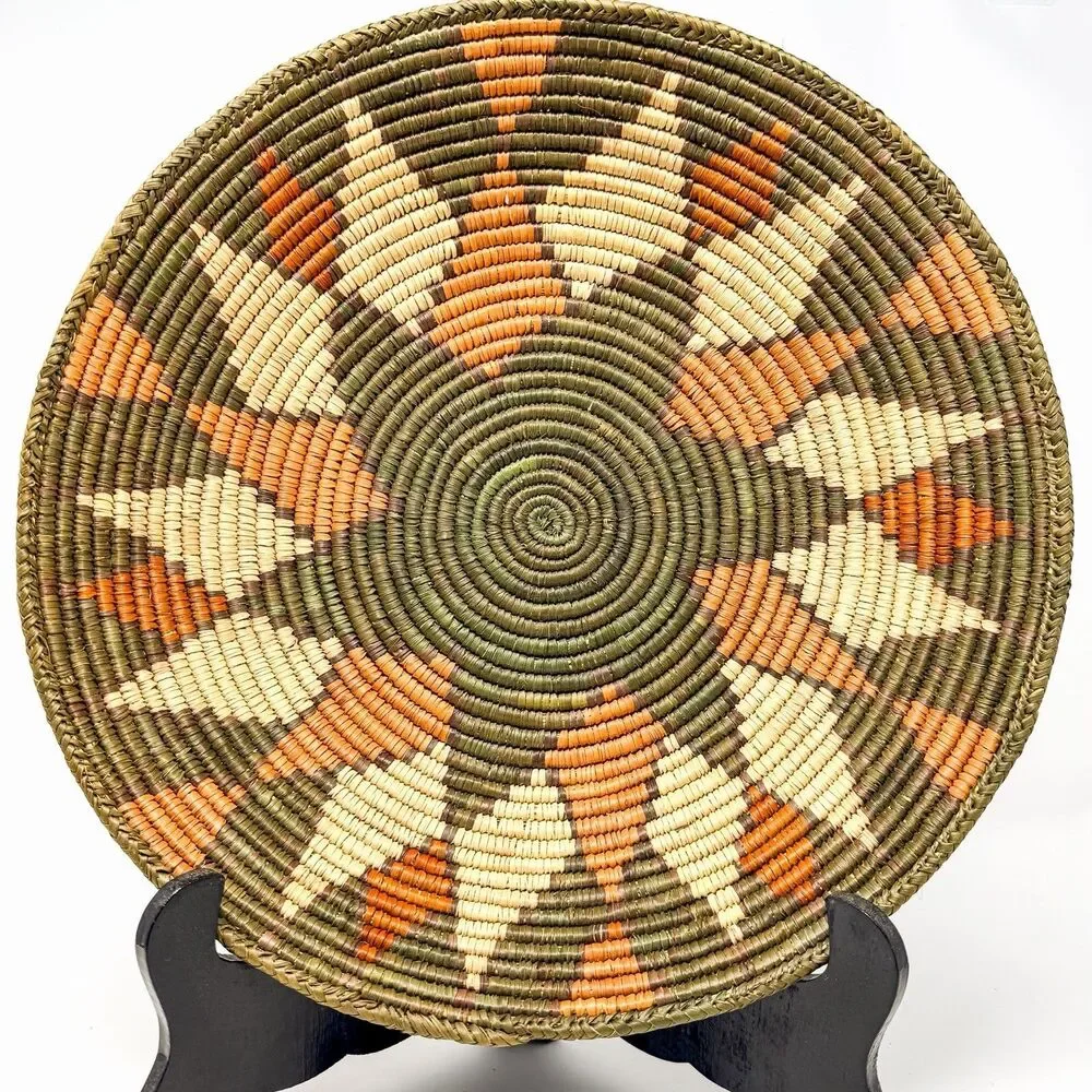 Woven Raffia Basket with Sun Motif in Orange and Green